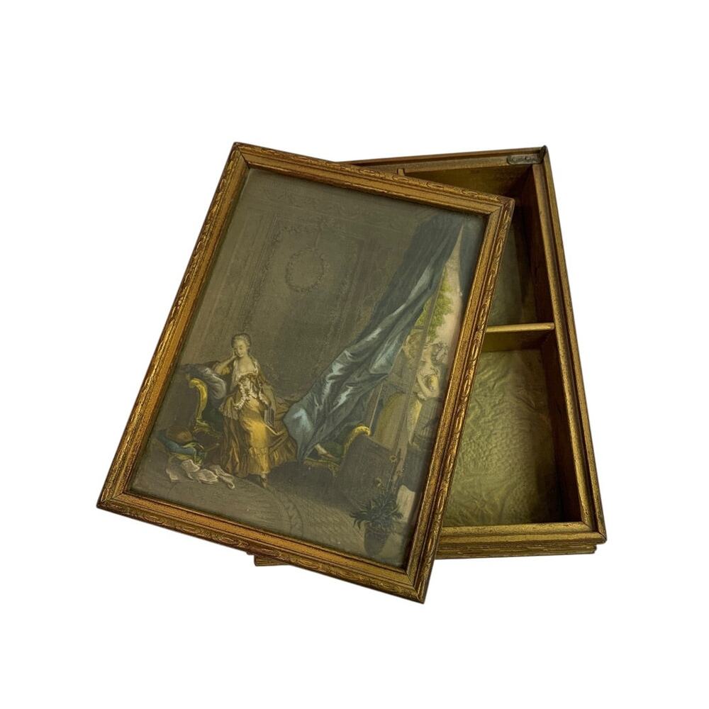 Antique Wooden Dresser Box Mirrored Lid Le Boudoir 9.5" x 7.5"